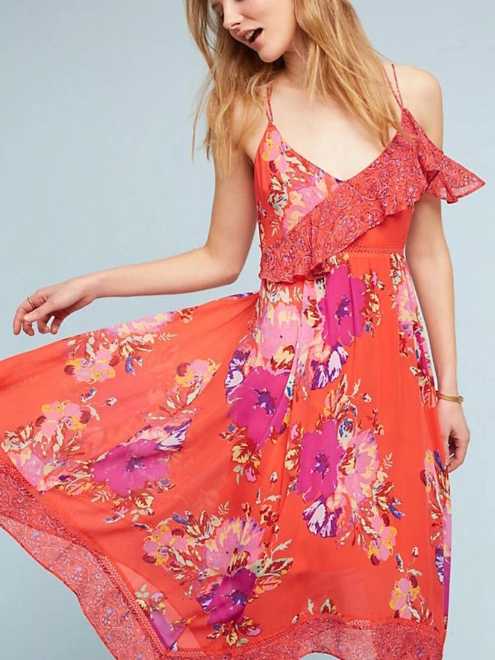 Maeve Anthropologie Grecia Red Floral Ruffle Handkerchief Hem Midi Dress Sz 6P